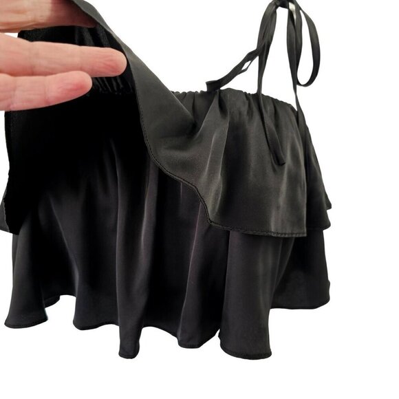 Camellia Black Layered Flounce Crop Top Womens L Tie Spaghetti Straps Polyester - Picture 4 of 9
